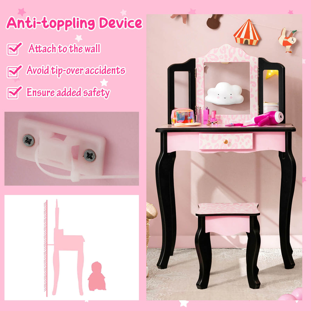 Kids Vanity Set with Tri-Folding Mirror and Leopard Print - Pink