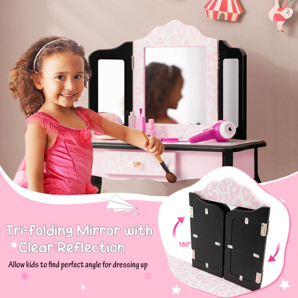 Kids Vanity Set with Tri-Folding Mirror and Leopard Print - Pink