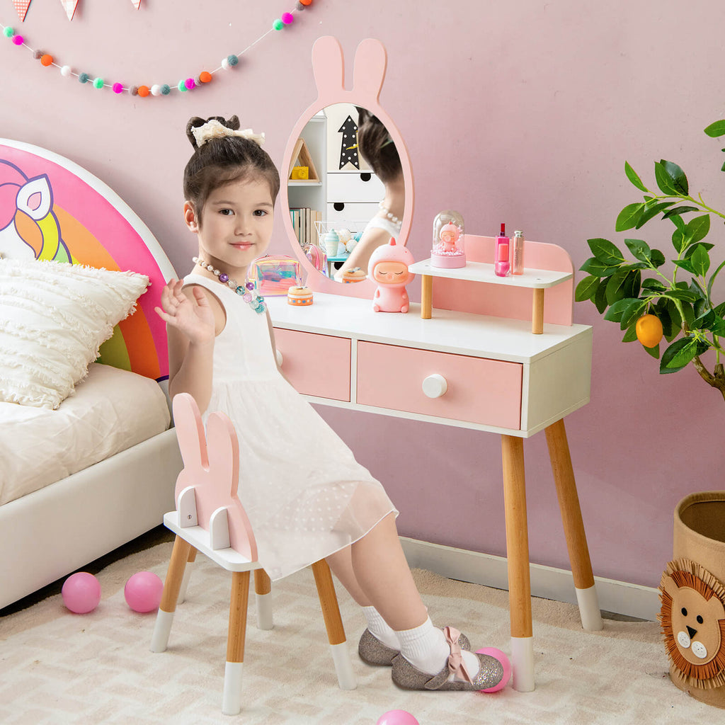 Kids Vanity Table and Chair Set with 2 Drawers Pink - Rabbit Mirror