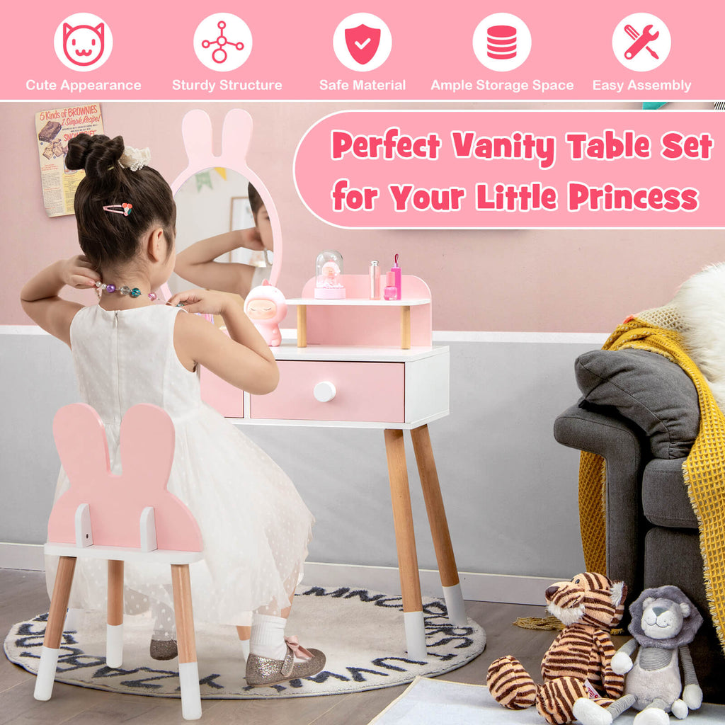 Kids Vanity Table and Chair Set with 2 Drawers Pink - Rabbit Mirror