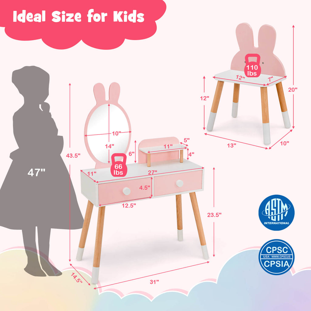 Kids Vanity Table and Chair Set with 2 Drawers Pink - Rabbit Mirror