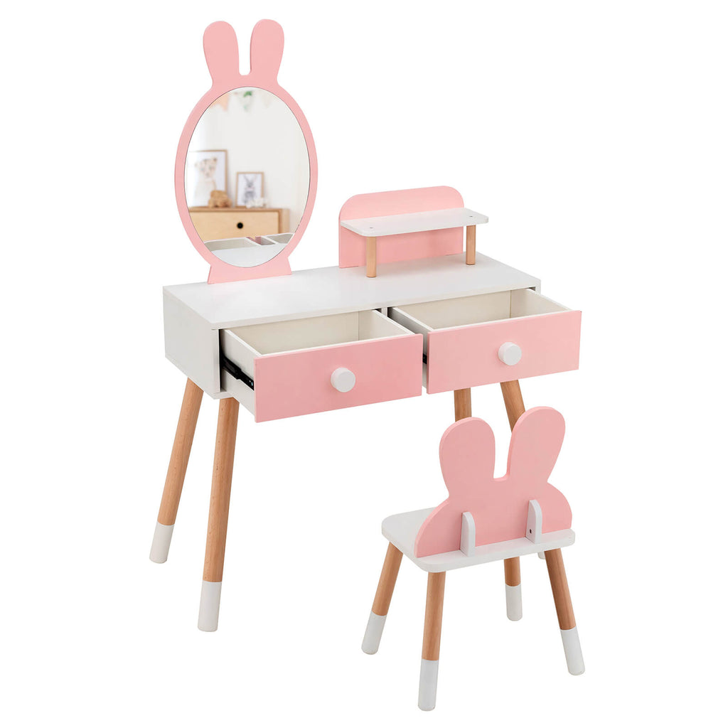 Kids Vanity Table and Chair Set with 2 Drawers Pink - Rabbit Mirror