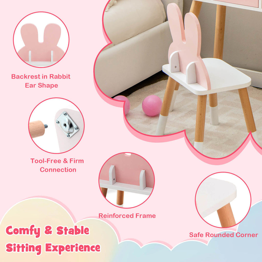 Kids Vanity Table and Chair Set with 2 Drawers Pink - Rabbit Mirror