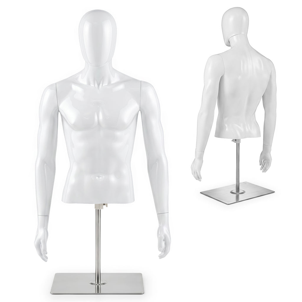 White Male Plastic Half Body Mannequin with Base - Adjustable Head & Arms