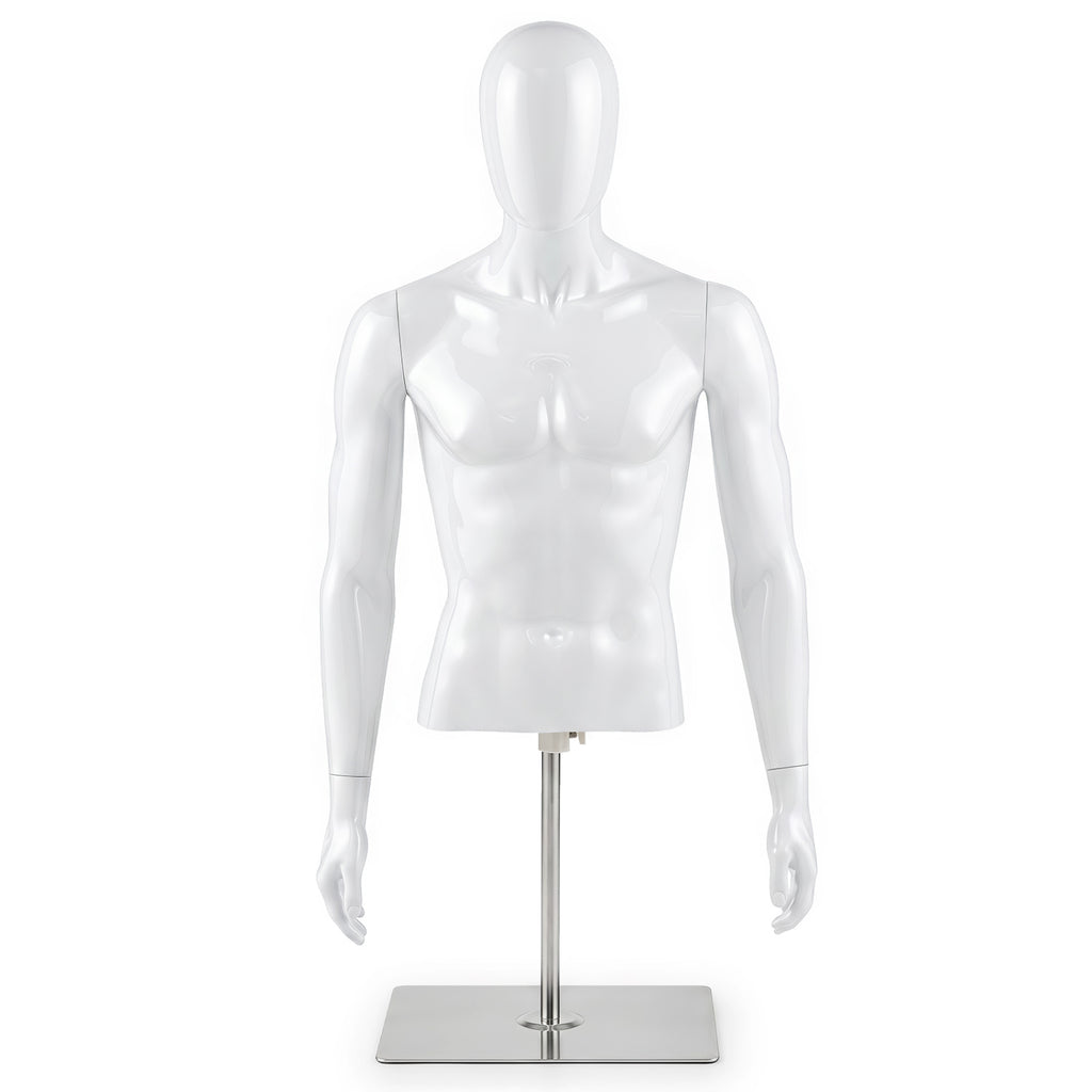 White Male Plastic Half Body Mannequin with Base - Adjustable Head & Arms