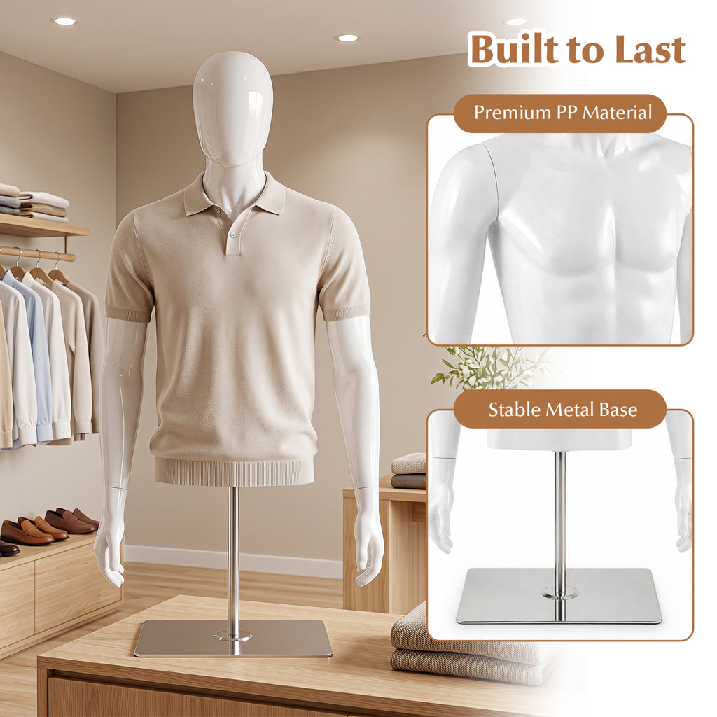 White Male Plastic Half Body Mannequin with Base - Adjustable Head & Arms
