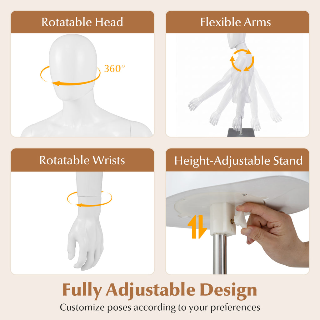 White Male Plastic Half Body Mannequin with Base - Adjustable Head & Arms
