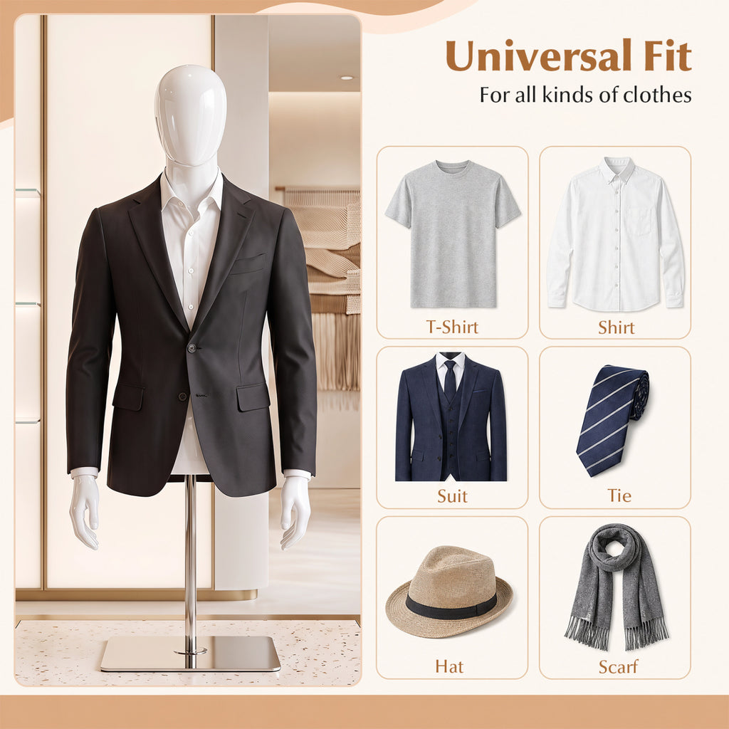 White Male Plastic Half Body Mannequin with Base - Adjustable Head & Arms