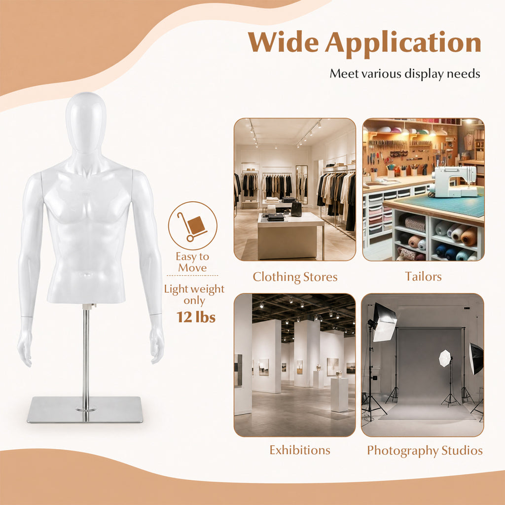 White Male Plastic Half Body Mannequin with Base - Adjustable Head & Arms