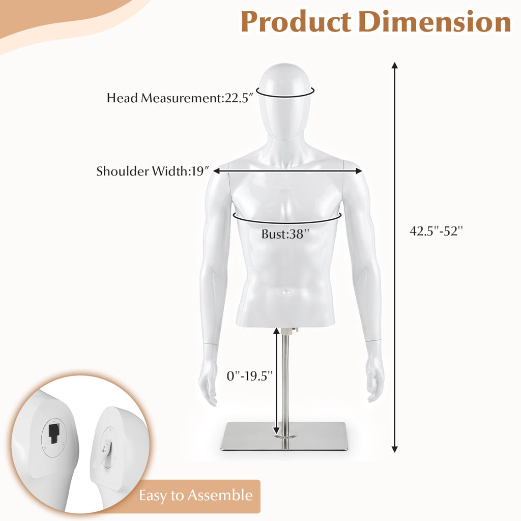White Male Plastic Half Body Mannequin with Base - Adjustable Head & Arms