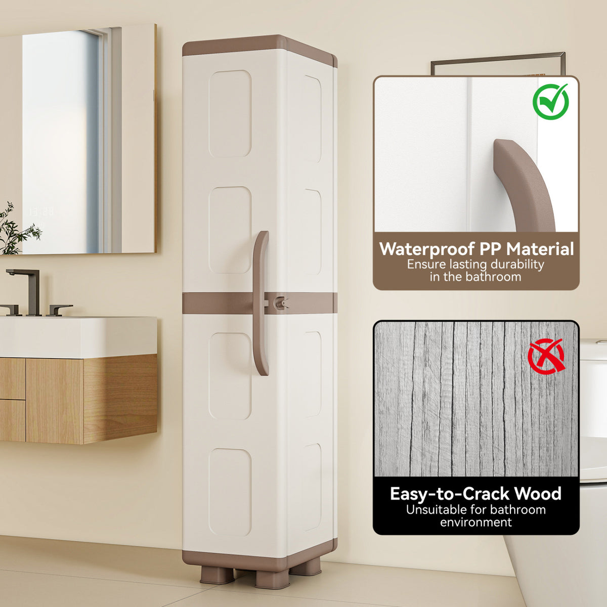 Plastic Kitchen Pantry with 4 Adjustable Shelves - Beige