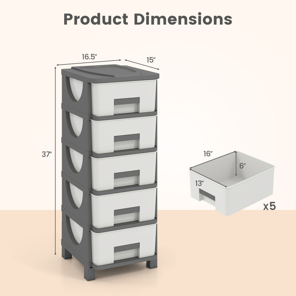 Plastic Storage Cabinet with Drawers and Handles, Gray