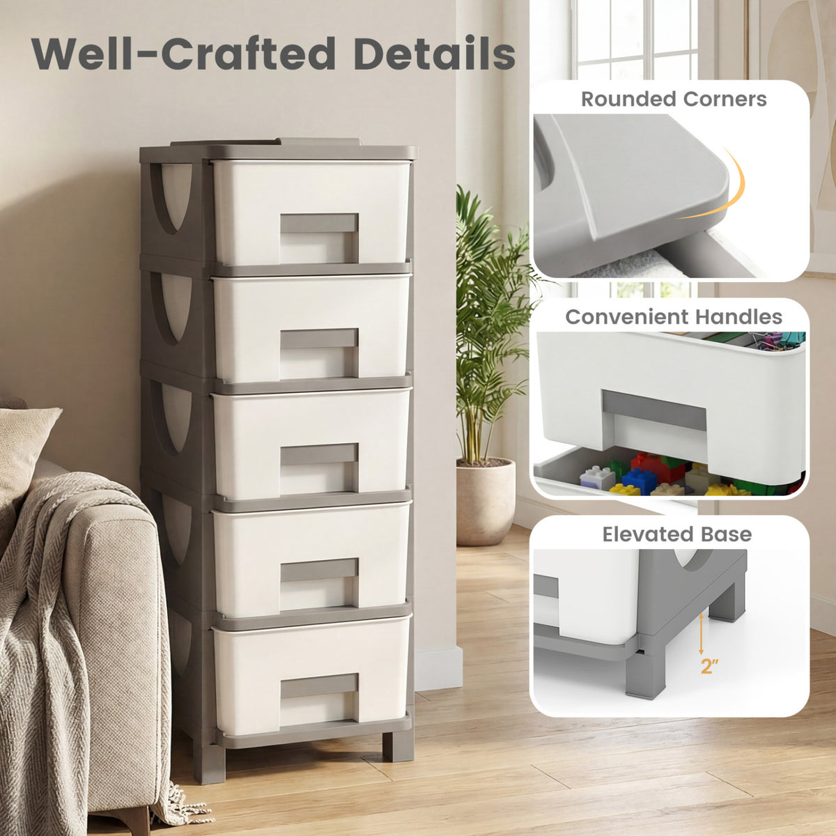 Plastic Storage Cabinet with Handles & Drawer - Gray