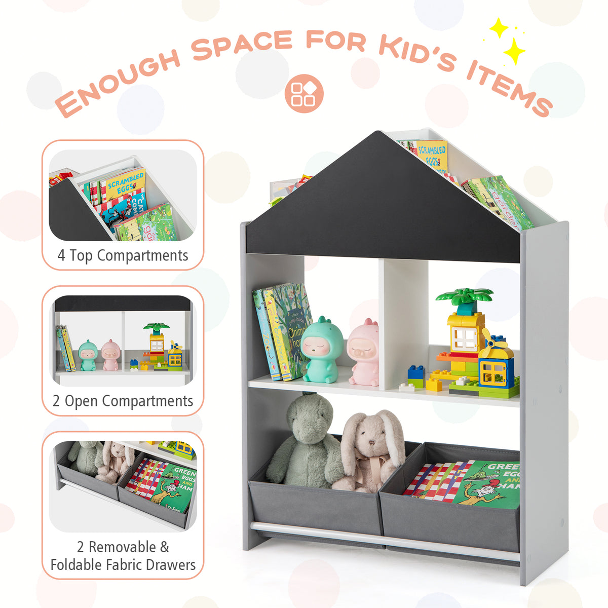 Kids Playhouse Bookshelf with Chalkboard & Whiteboard - Gray, 3-6 Years
