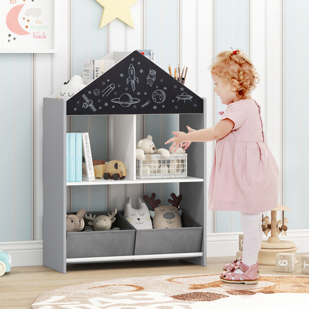 Kids Playhouse Bookshelf with Chalkboard & Whiteboard - Gray, 3-6 Years