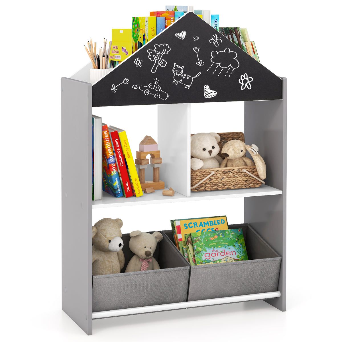 Kids Playhouse Bookshelf with Chalkboard & Whiteboard - Gray, 3-6 Years
