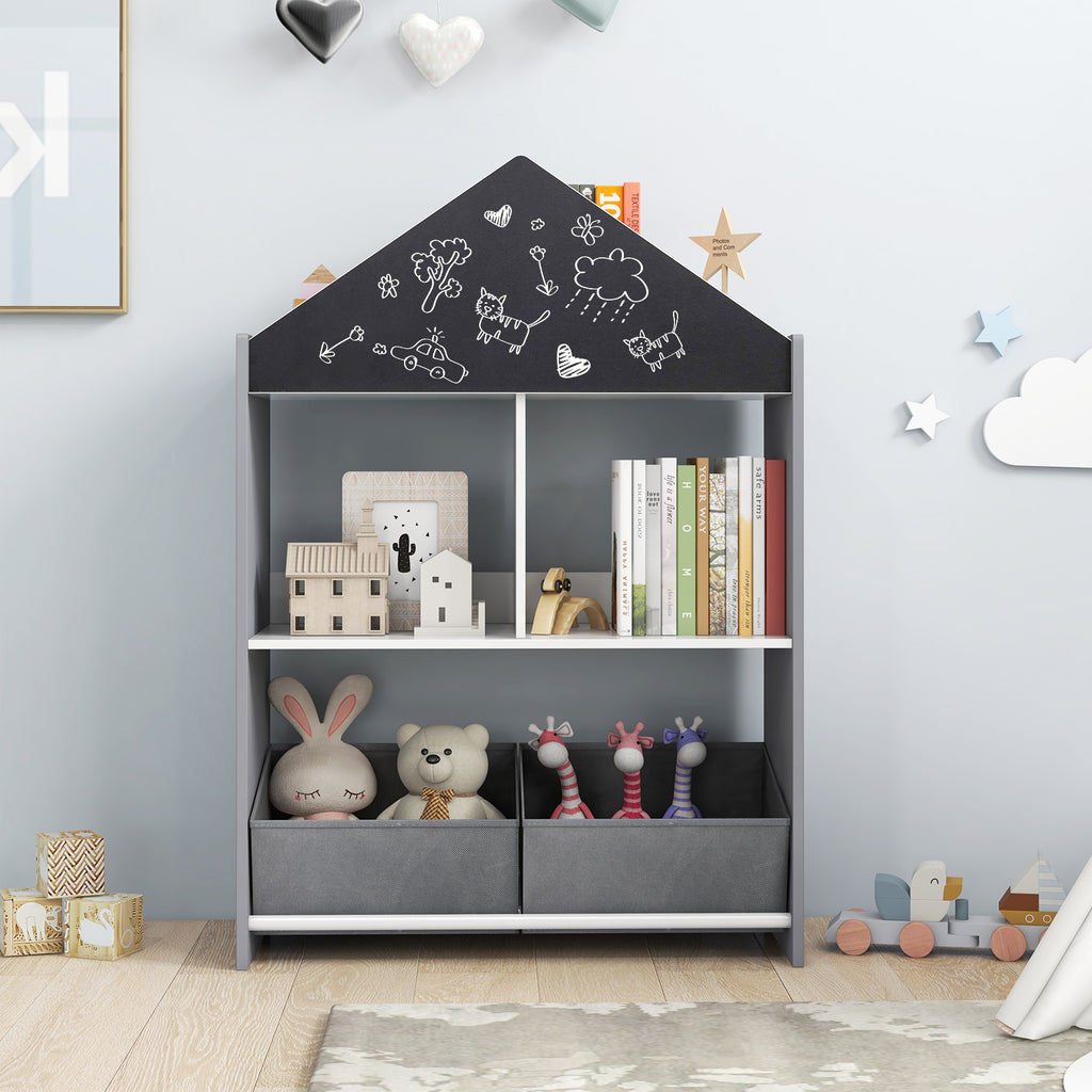Kids Playhouse Bookshelf with Chalkboard & Whiteboard - Gray, 3-6 Years