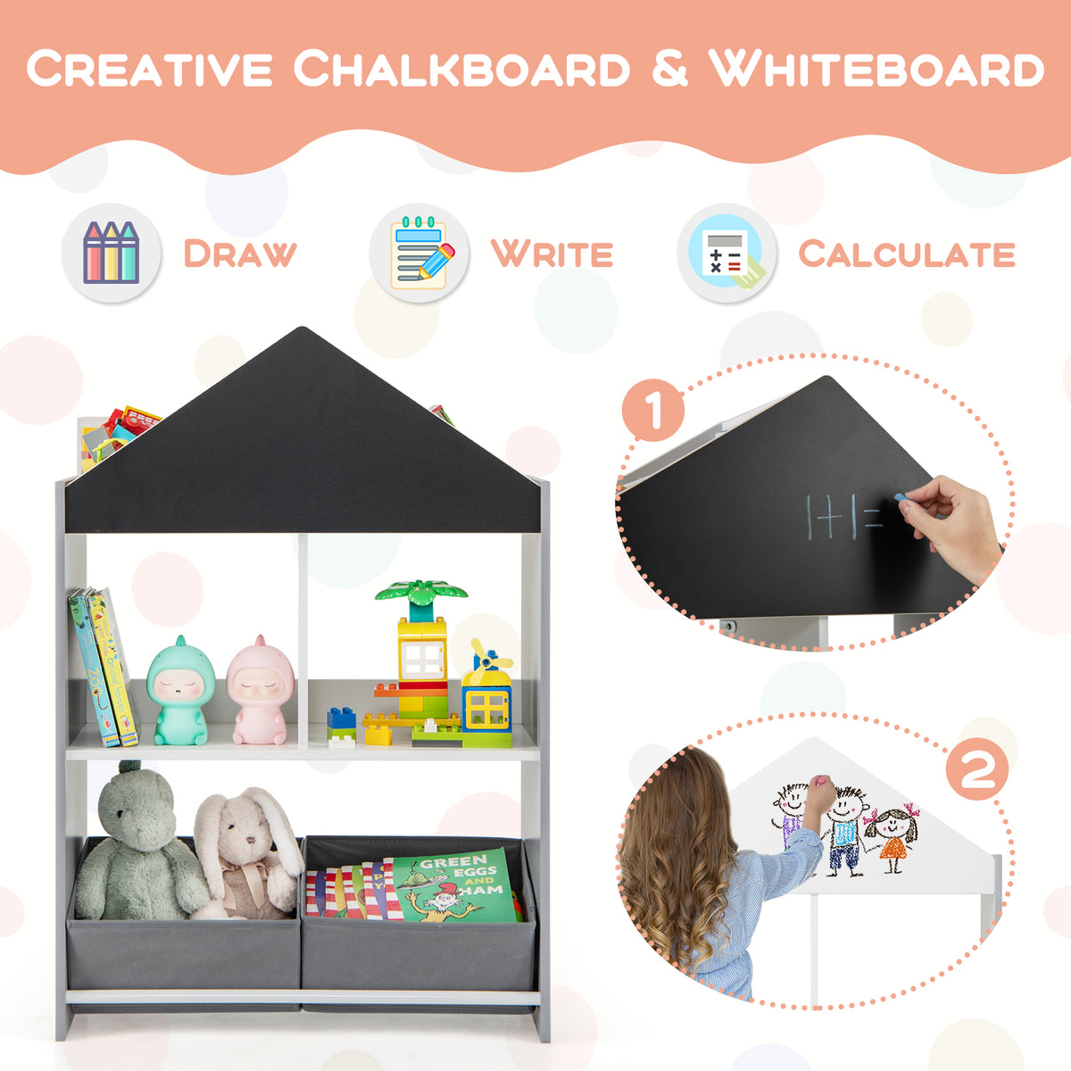 Kids Playhouse Bookshelf with Chalkboard & Whiteboard - Gray, 3-6 Years