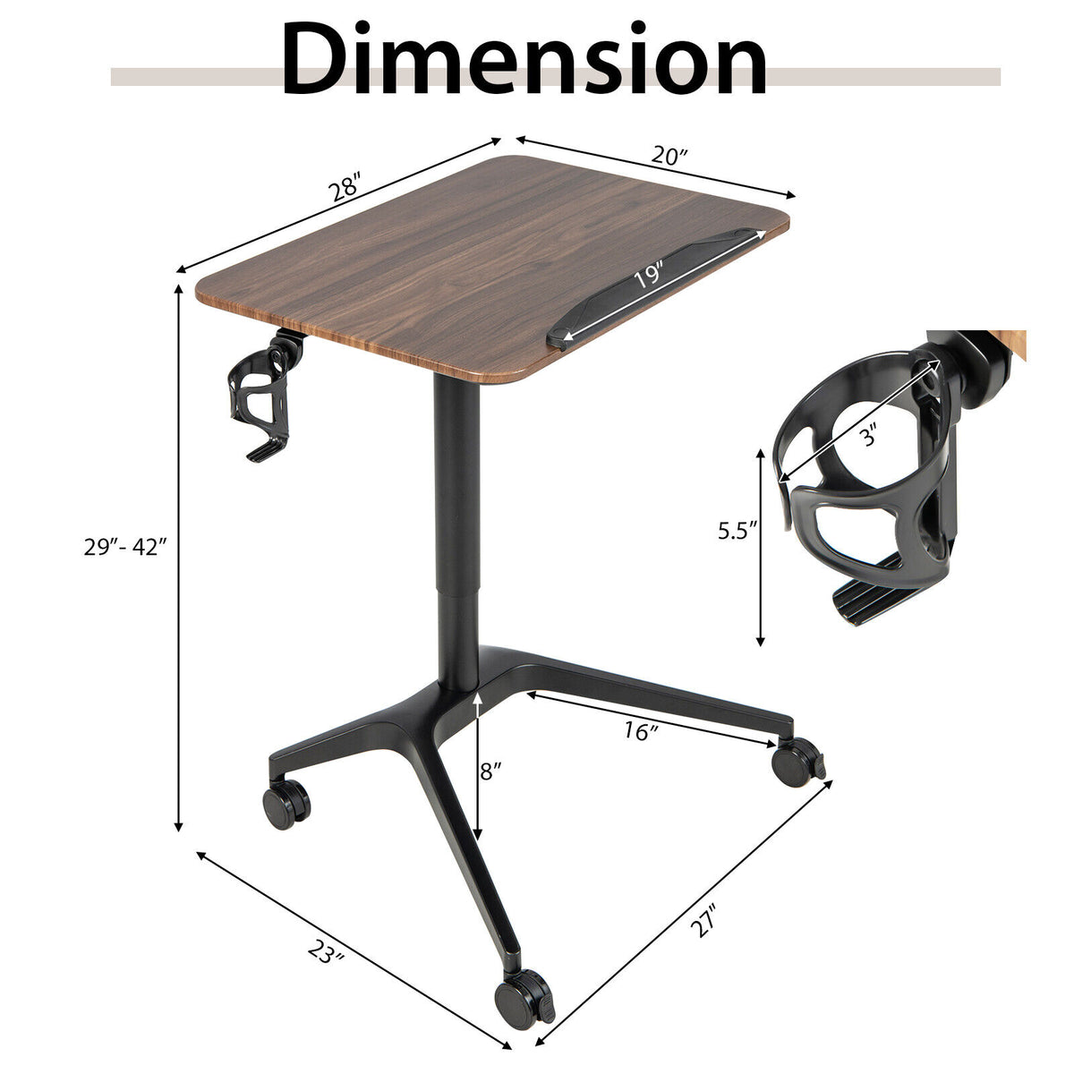 Pneumatic Standing Desk 29"-42" Adjustable - Brown