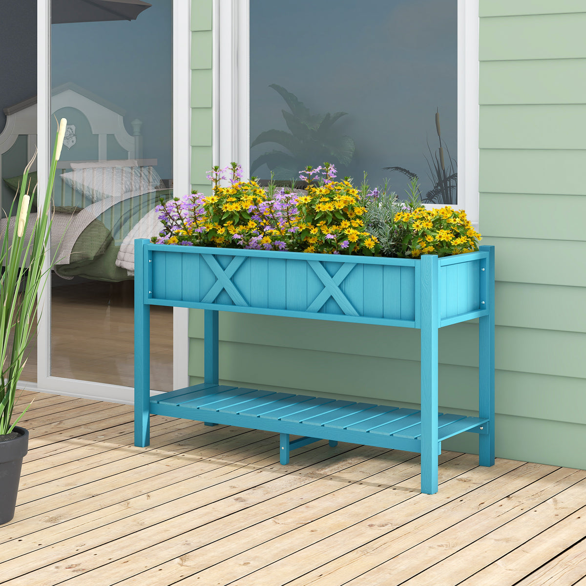 Poly Wood Elevated Planter Box with Legs & Storage Shelf - Blue