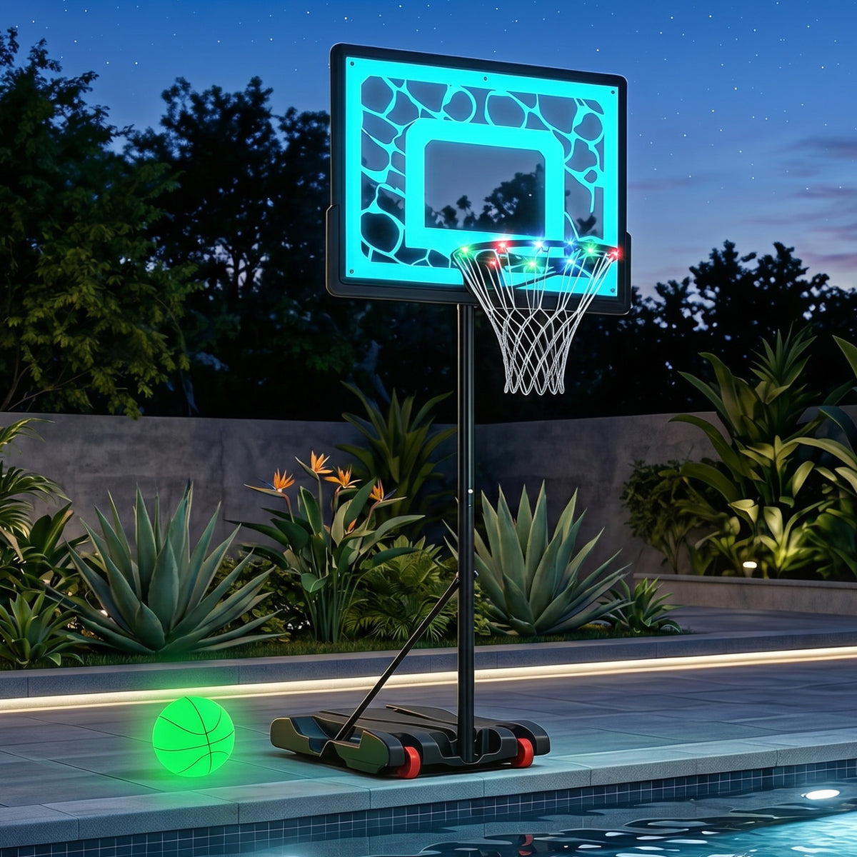 Portable LED Pool Basketball Hoop with Adjustable Rim for Night Poolside Play