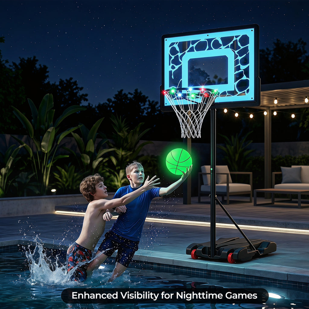 Portable LED Pool Basketball Hoop with Adjustable Rim for Night Poolside Play