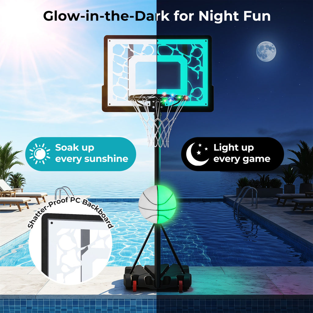 Portable LED Pool Basketball Hoop with Adjustable Rim for Night Poolside Play