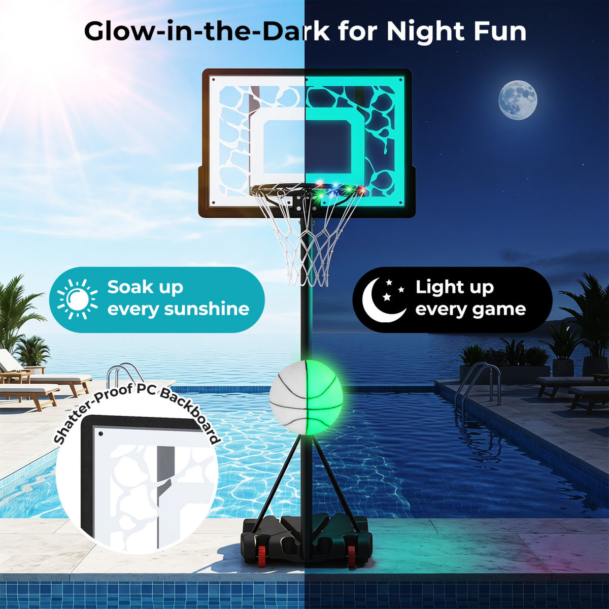 Portable LED Pool Basketball Hoop with Adjustable Rim for Night Poolside Play