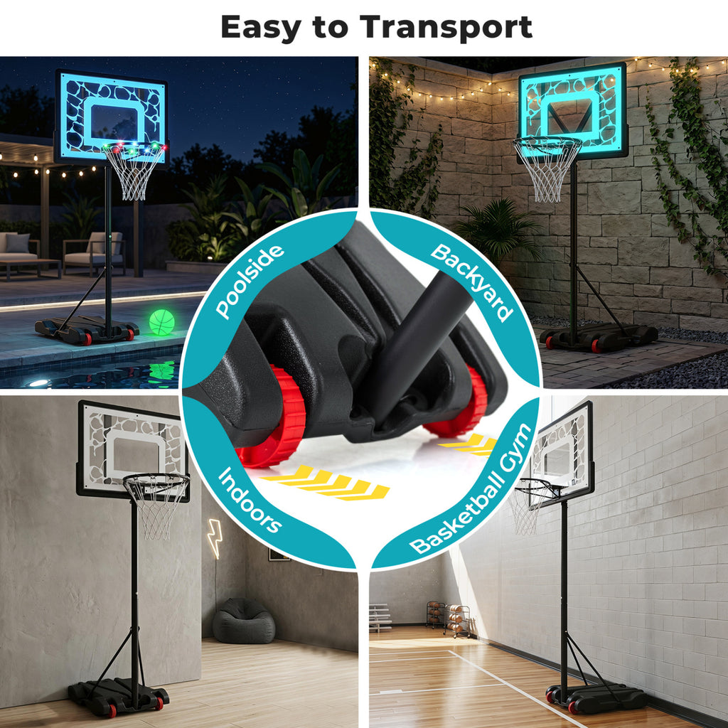 Portable LED Pool Basketball Hoop with Adjustable Rim for Night Poolside Play