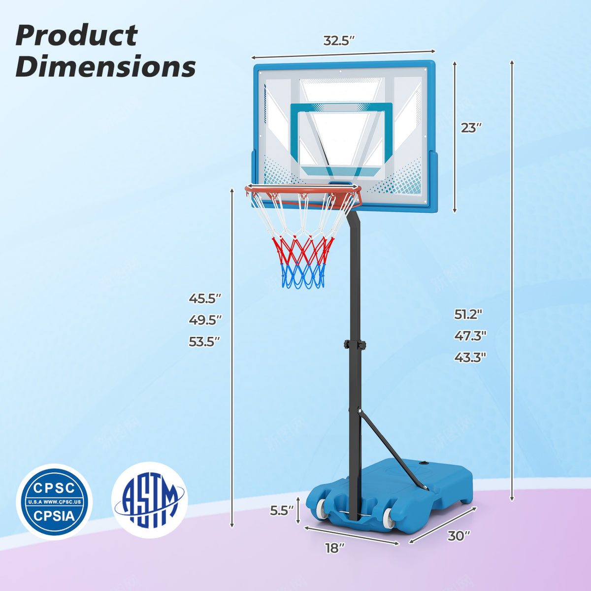 Pool Basketball Hoop with 3-Level Adjustable Height & Weighted Base - Variation 3.8-4.46 ft