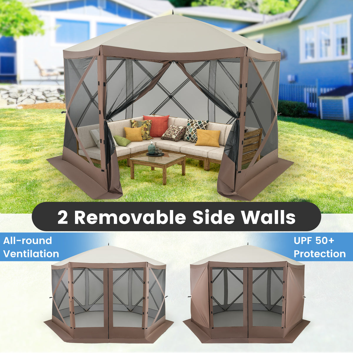 Pop-Up Gazebo Screen House 11.5 x 11.5 ft - Coffee