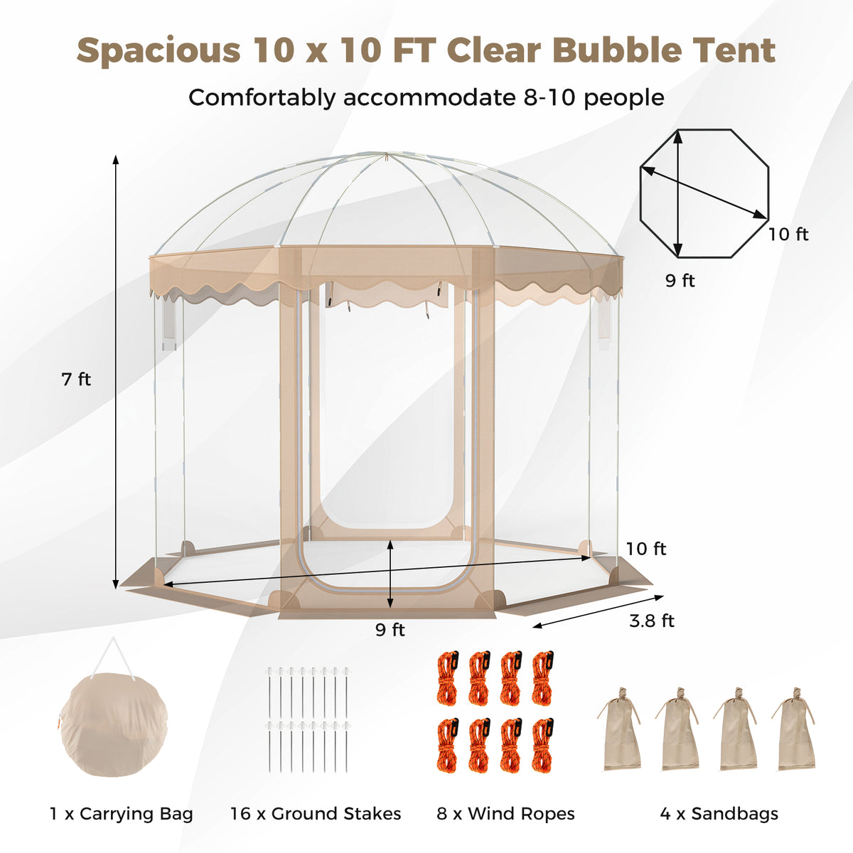 Pop Up Bubble Tent 10x10 FT for 8-10 People Weatherproof Pod with