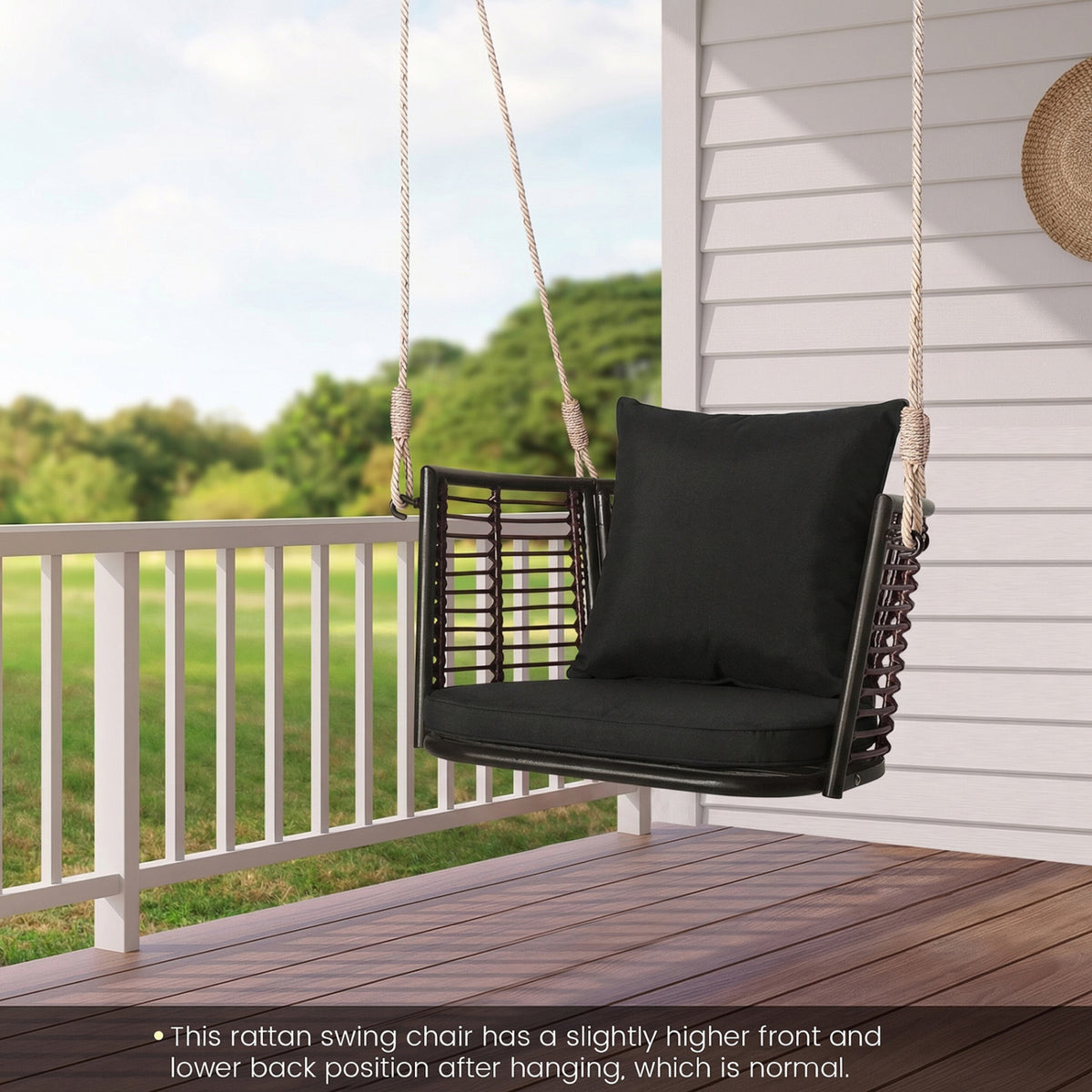 Hanging Rattan Porch Swing Chair with Cushions - Curved Backrest, Black