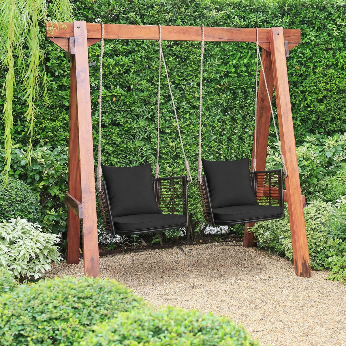 Hanging Rattan Porch Swing Chair with Cushions - Curved Backrest, Black