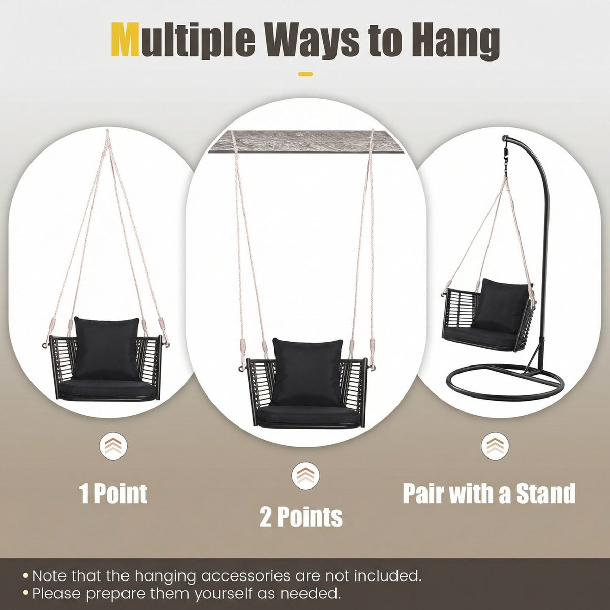 Hanging Rattan Porch Swing Chair with Cushions - Curved Backrest, Black