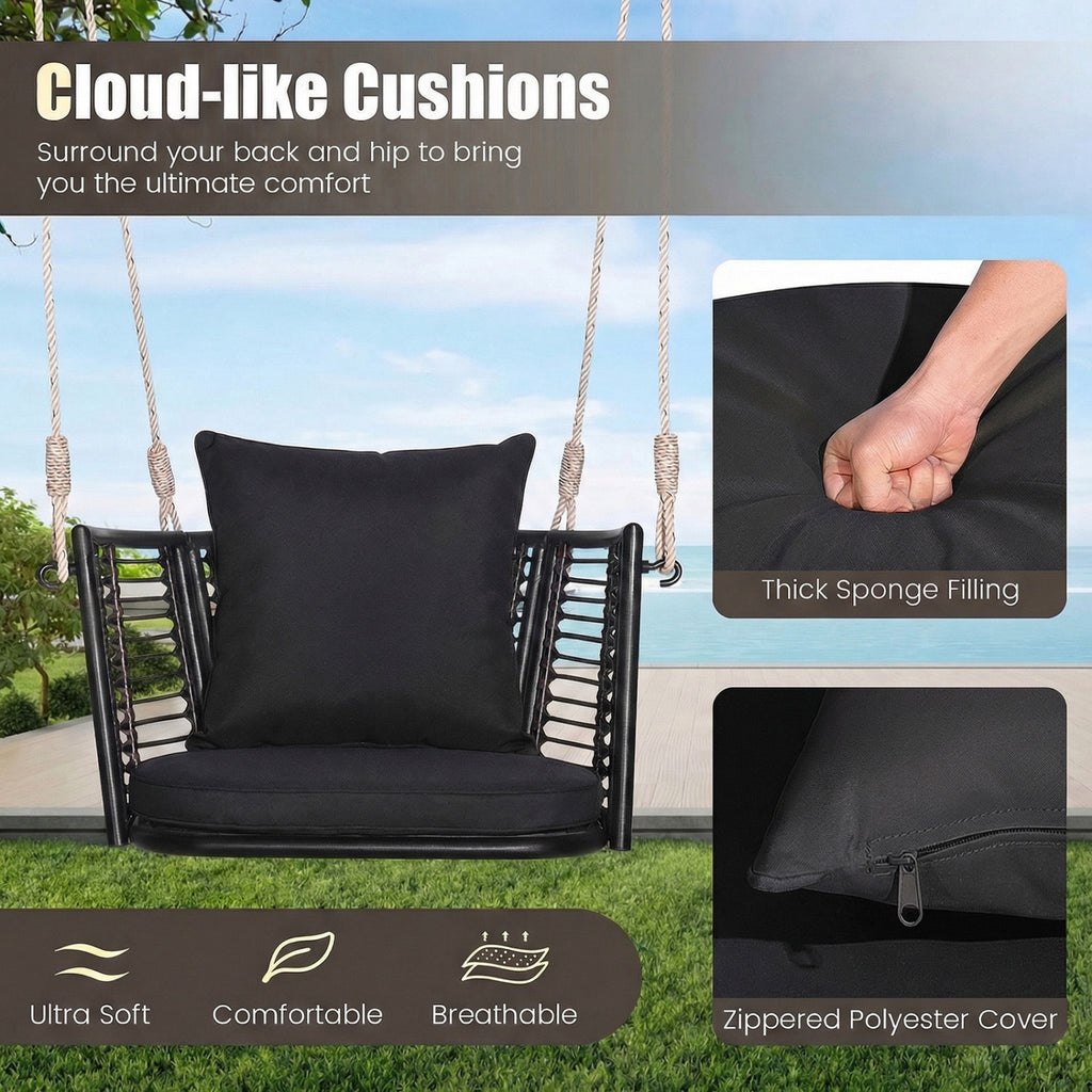 Hanging Rattan Porch Swing Chair with Cushions - Curved Backrest, Black