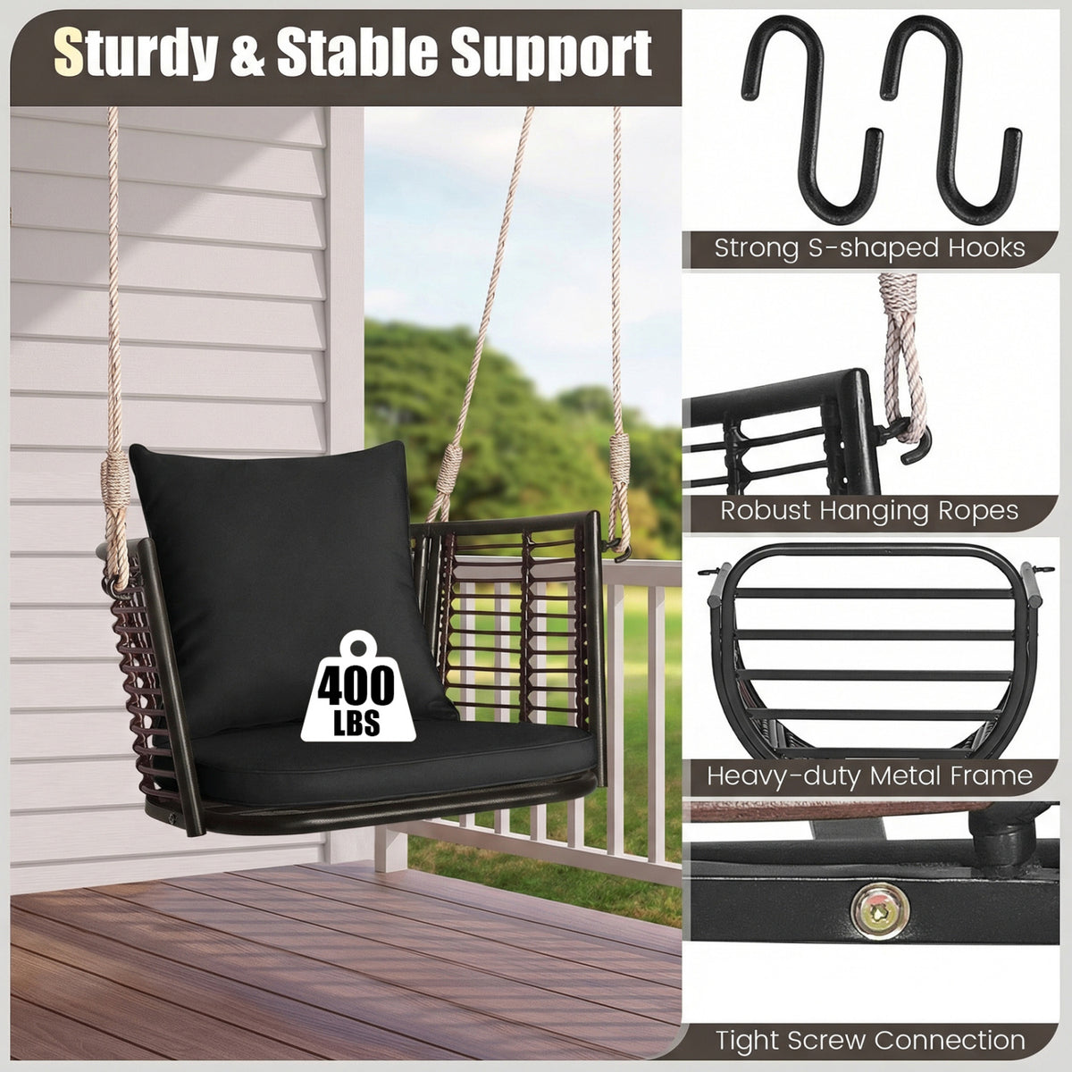 Hanging Rattan Porch Swing Chair with Cushions - Curved Backrest, Black