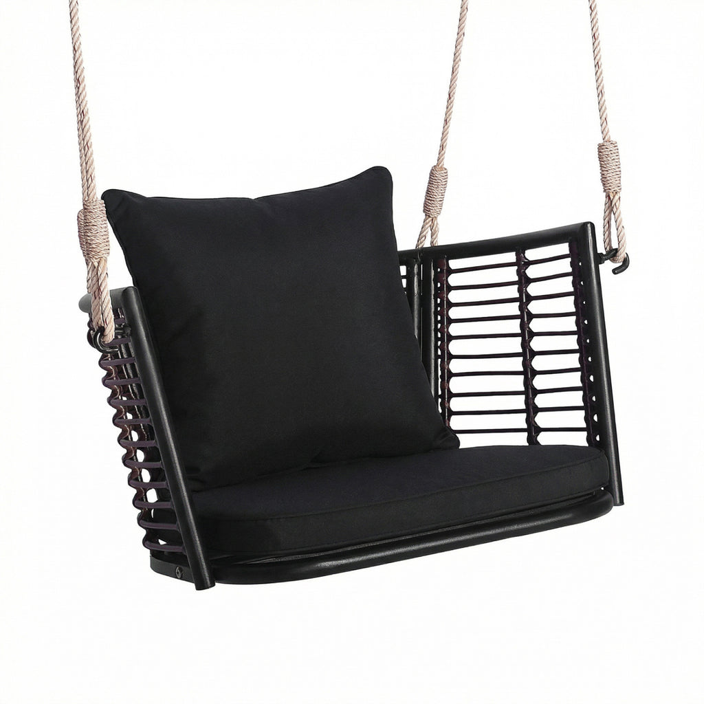 Hanging Rattan Porch Swing Chair with Cushions - Curved Backrest, Black
