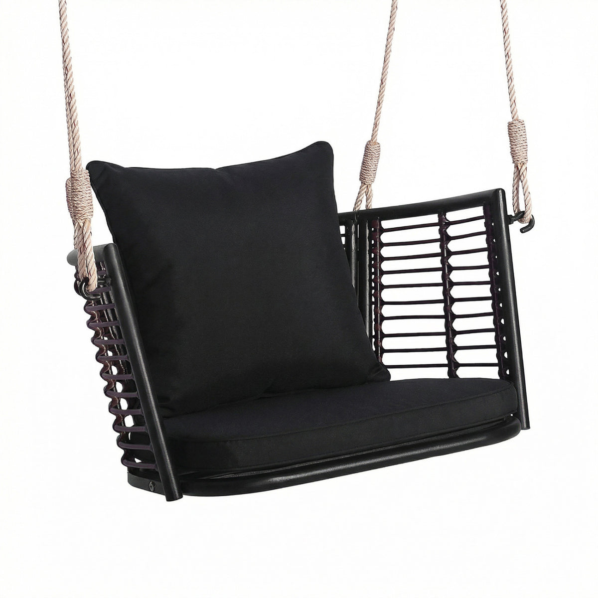 Hanging Rattan Porch Swing Chair with Cushions - Curved Backrest, Black