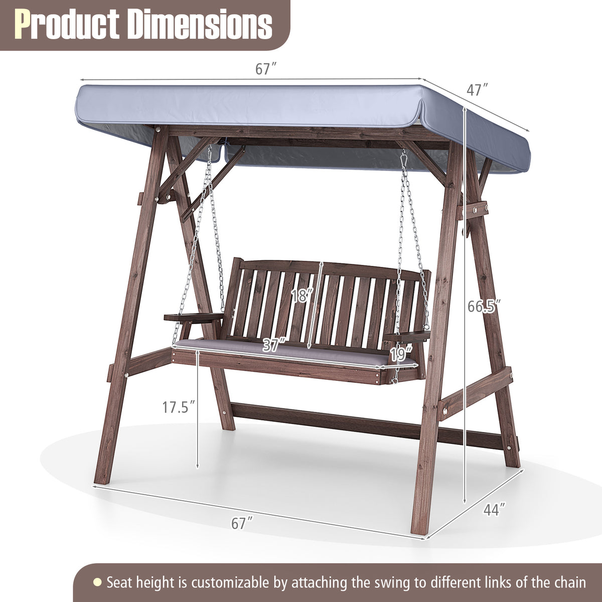 2-Person Porch Swing with Fir Wood Stand and Tilt Canopy