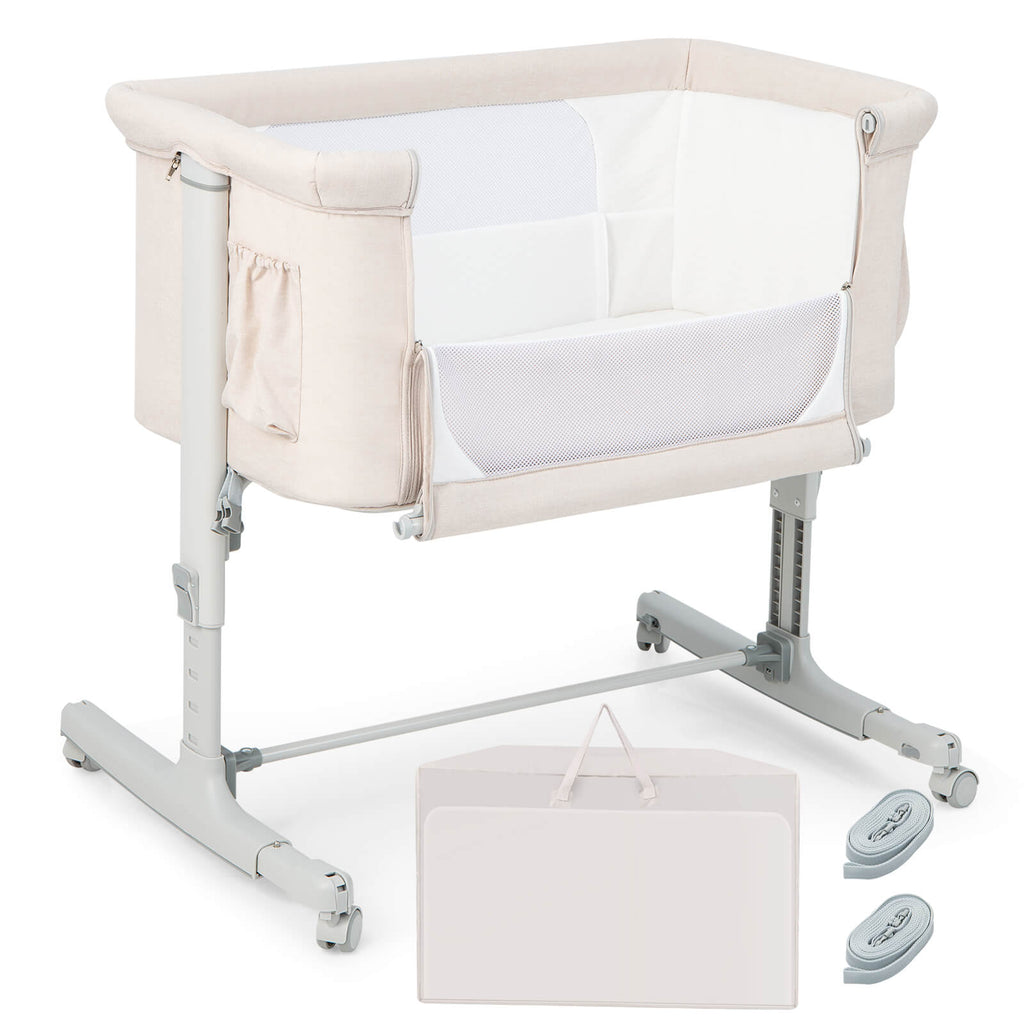 Portable Baby Bedside Bassinet with 5-Level Height Adjustment & Travel Bag - Beige