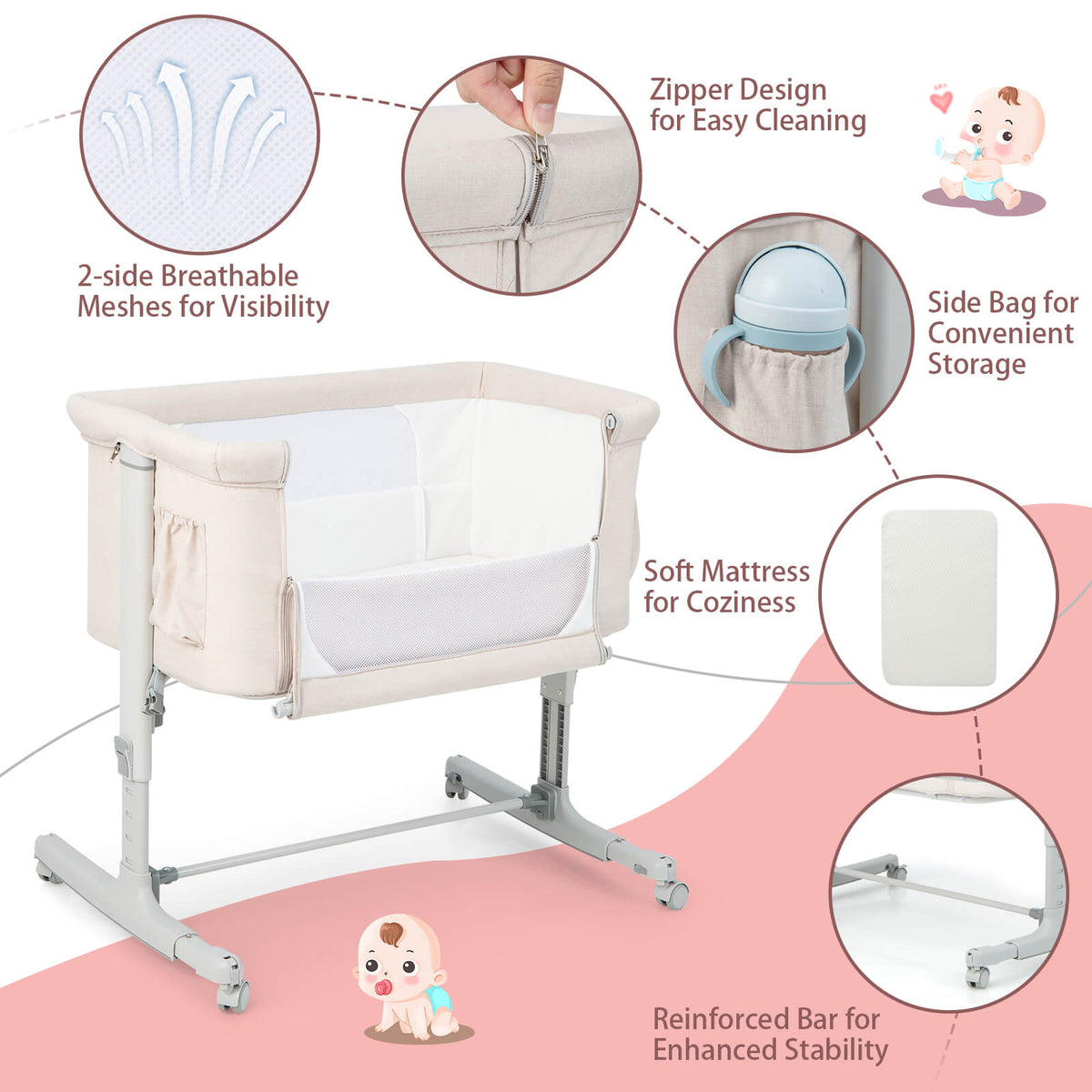 Portable Baby Bedside Bassinet with 5-Level Height Adjustment & Travel Bag - Beige