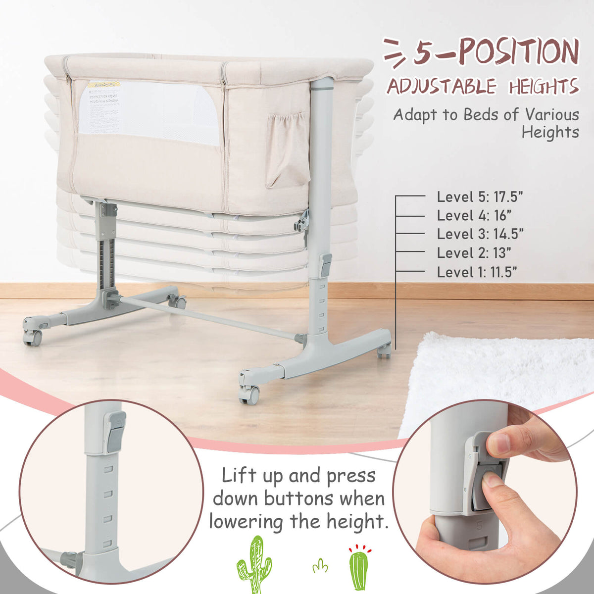Portable Baby Bedside Bassinet with 5-Level Height Adjustment & Travel Bag - Beige