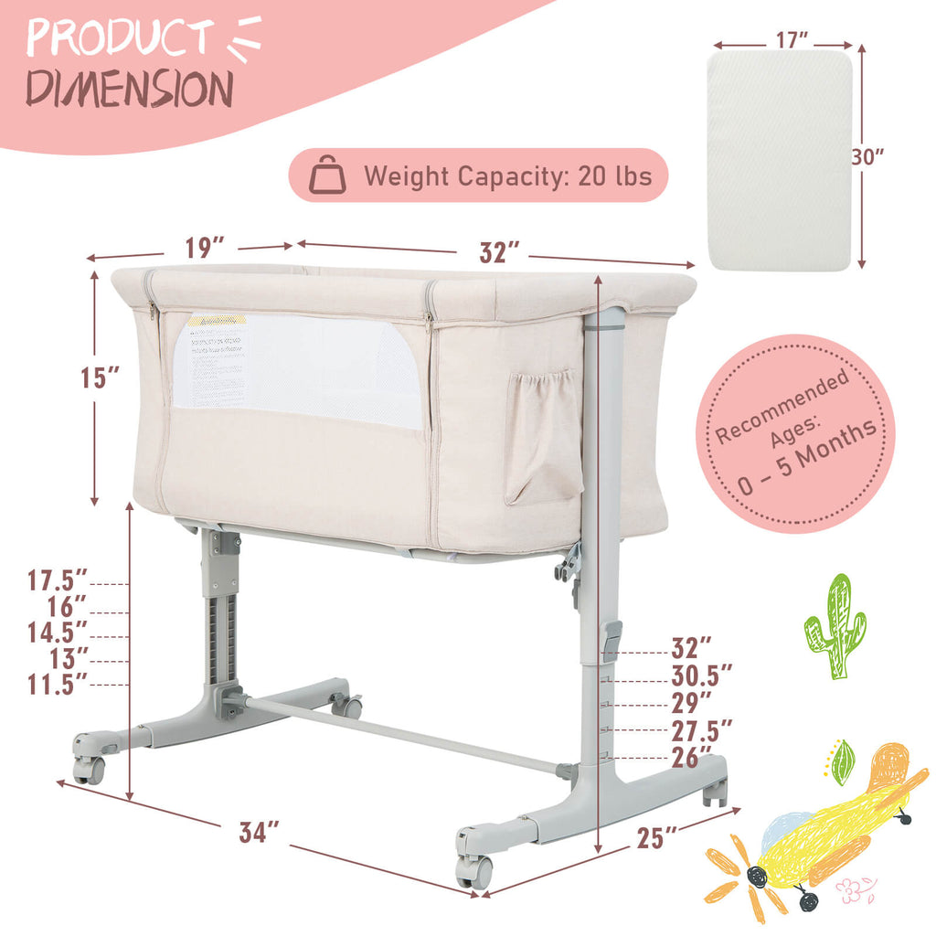 Portable Baby Bedside Bassinet with 5-Level Height Adjustment & Travel Bag - Beige