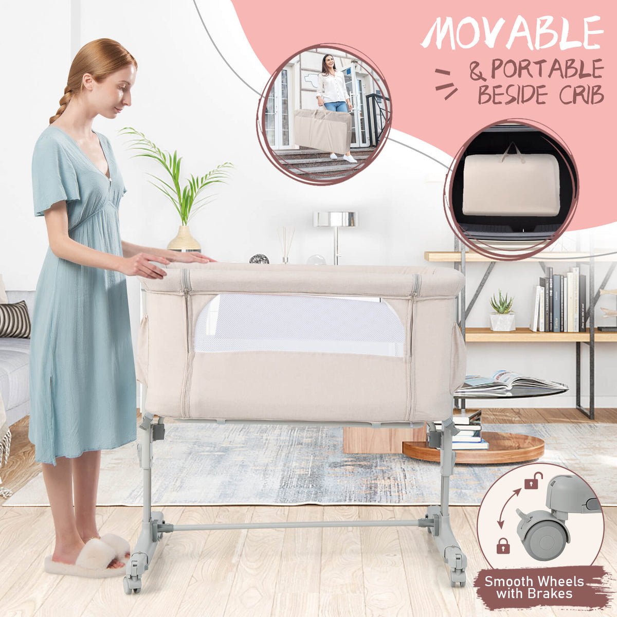 Portable Baby Bedside Bassinet with 5-Level Height Adjustment & Travel Bag - Beige