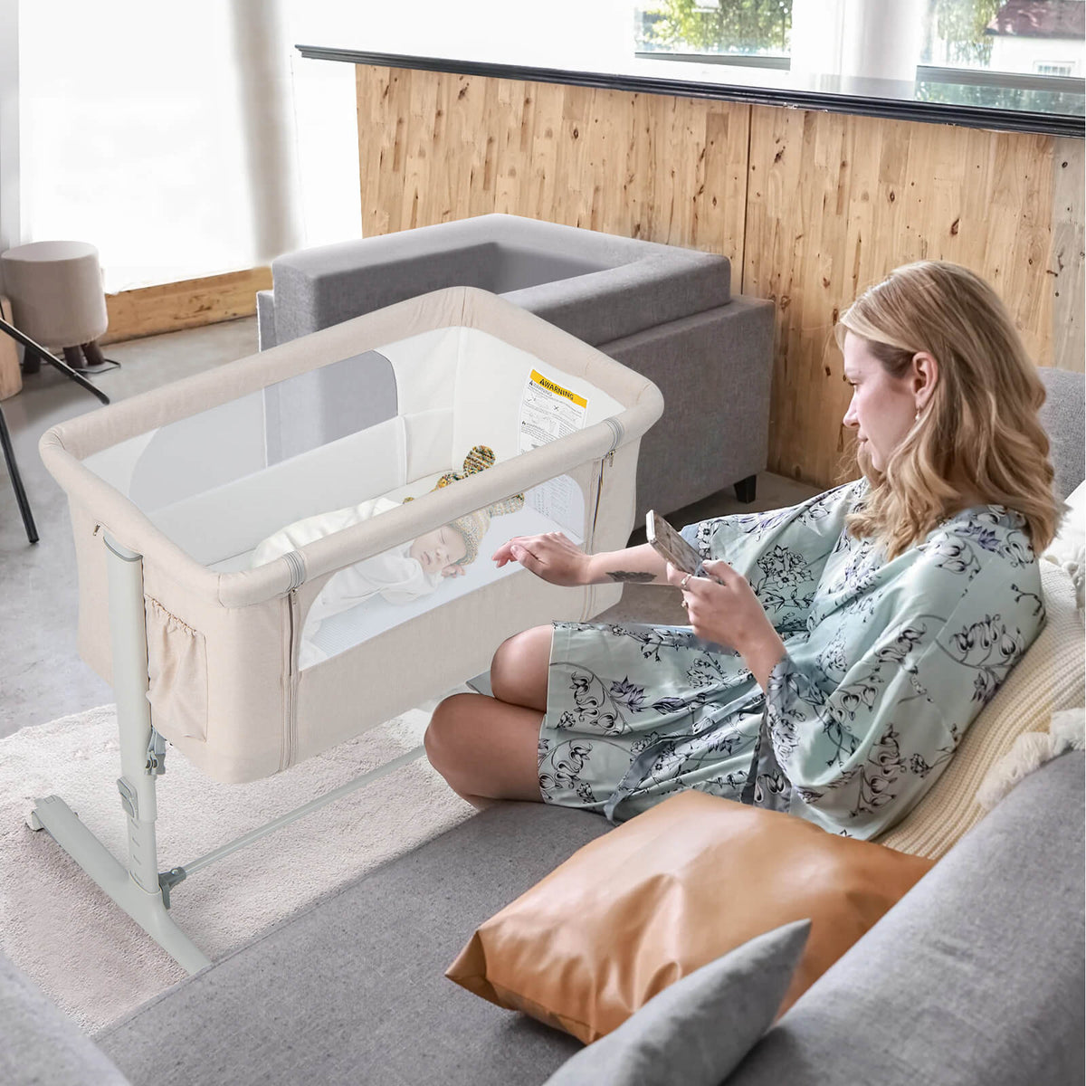 Portable Baby Bedside Bassinet with 5-Level Height Adjustment & Travel Bag - Beige