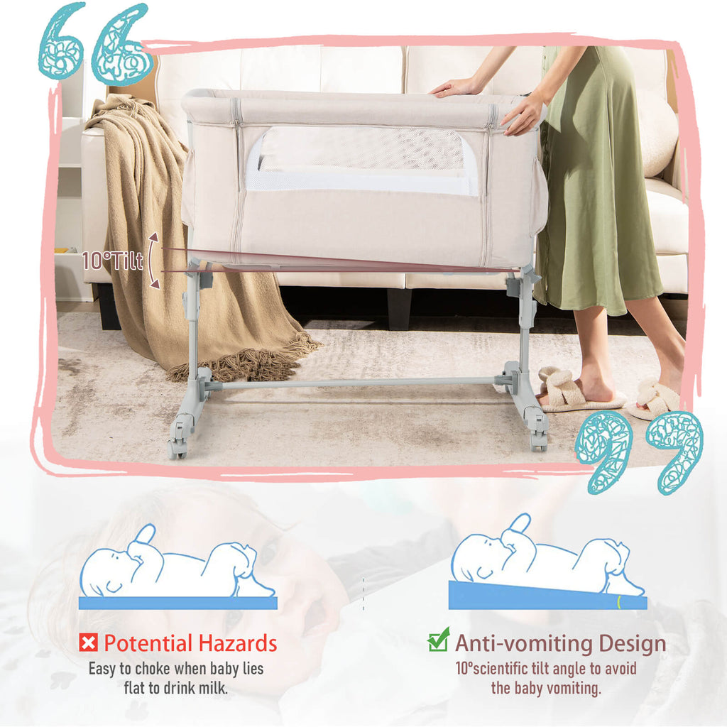 Portable Baby Bedside Bassinet with 5-Level Height Adjustment & Travel Bag - Beige