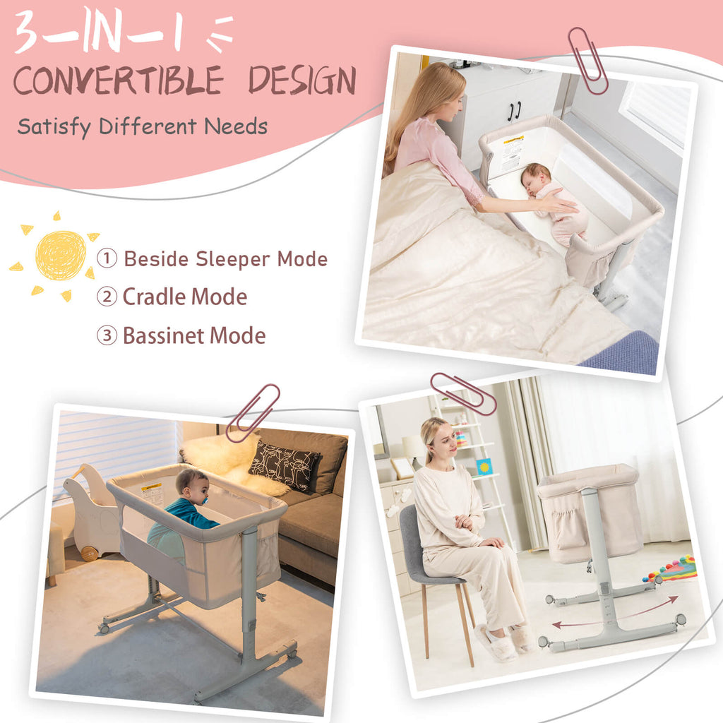 Portable Baby Bedside Bassinet with 5-Level Height Adjustment & Travel Bag - Beige