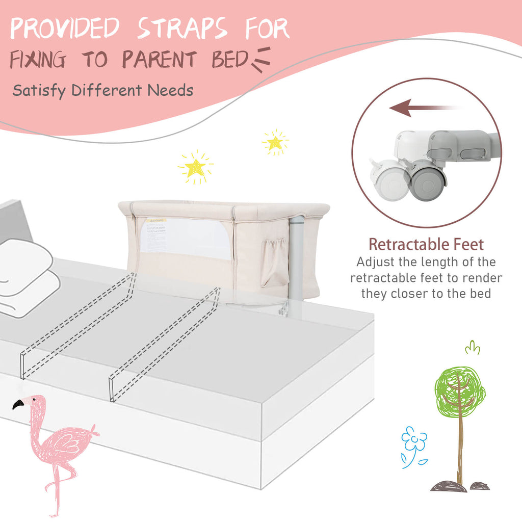 Portable Baby Bedside Bassinet with 5-Level Height Adjustment & Travel Bag - Beige