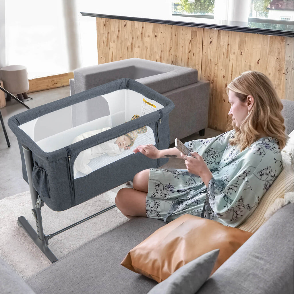 Portable Baby Bedside Bassinet with 5-Level Height Adjustment & Travel Bag - Beige